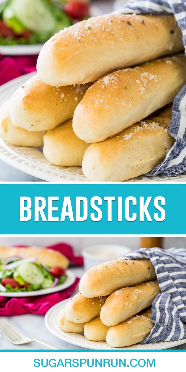 collage of breadsticks, top image of six breadsticks wrapped in towel on serving dish, bottom image taken of same image further away with salad in background