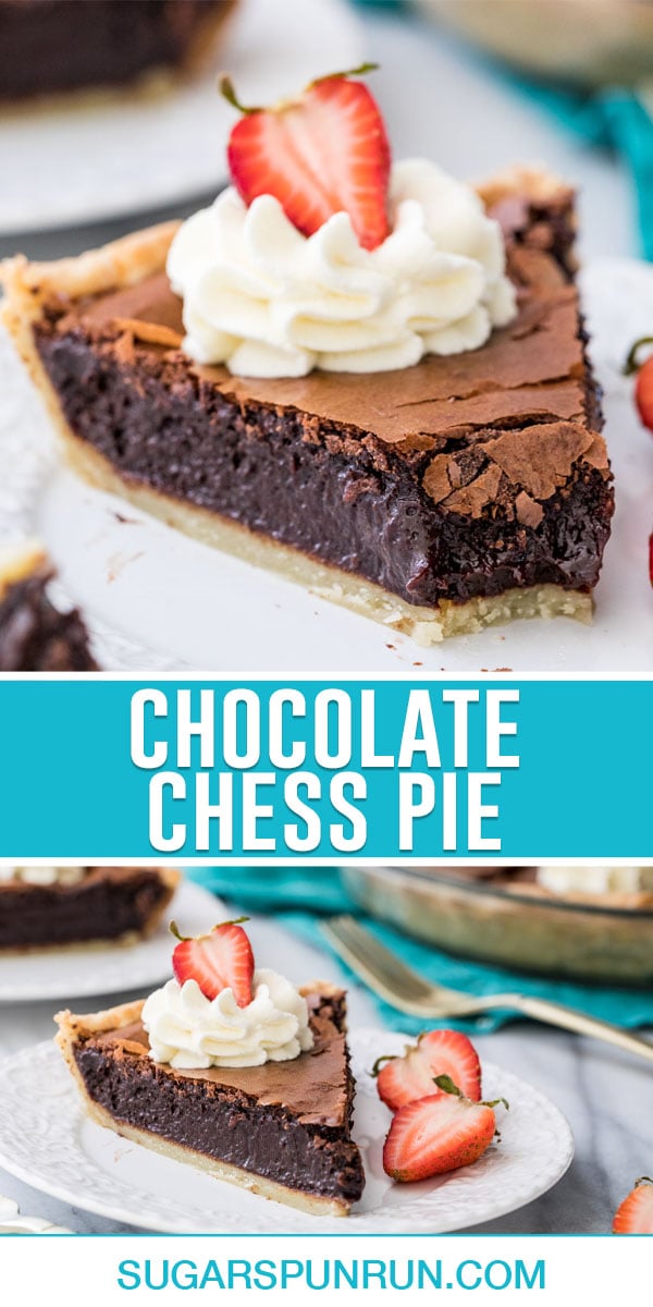 collage of chocolate chess pie, top image of single slice with bite missing, bottom image full slice on white plate