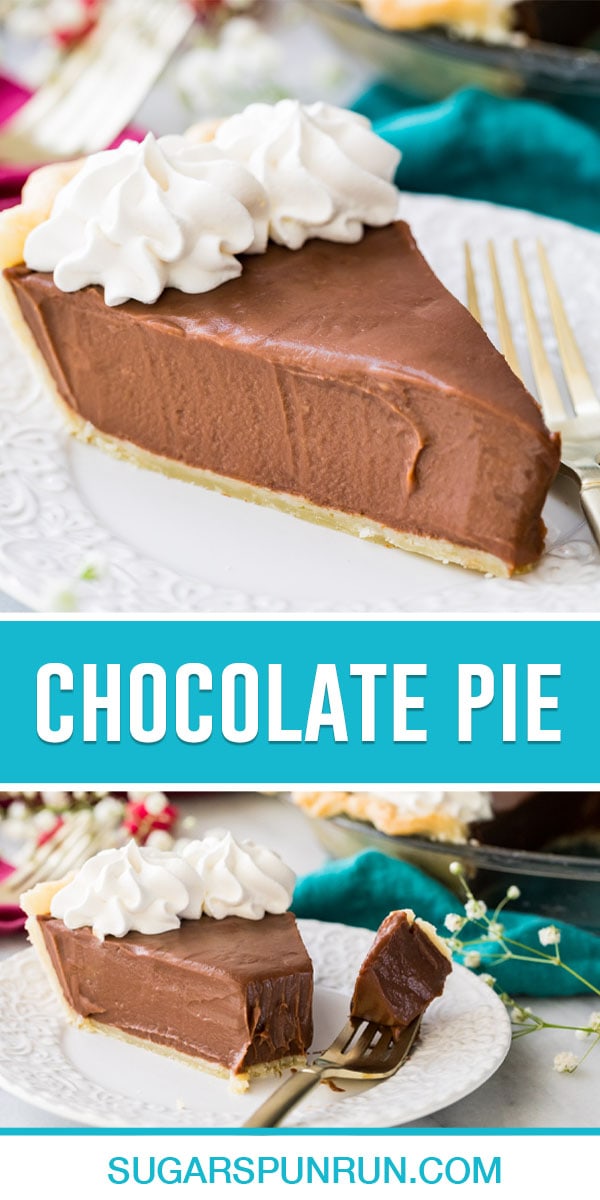 collage of chocolate pie, top image of close up of slice of chocolate pie, bottom image of single slice with bite taken out