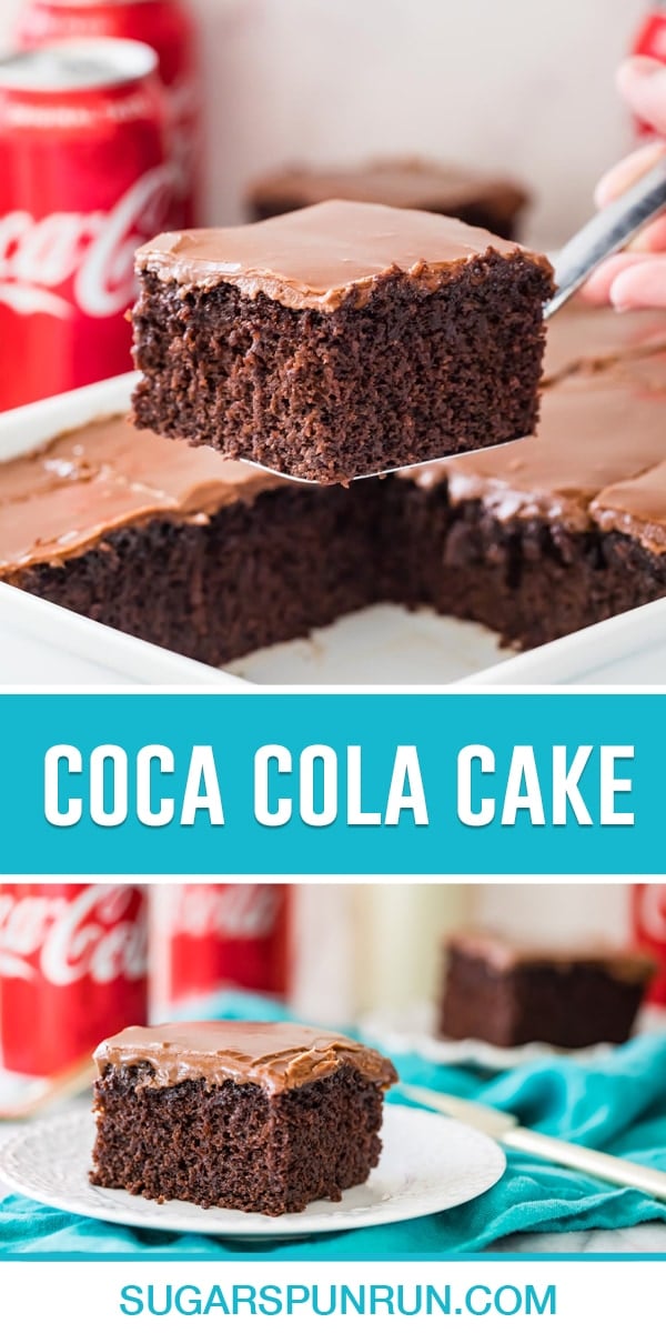 collage of coca cola cake, top image of single slice being removed from baking dish using spatula, bottom image close up of slice on white plate