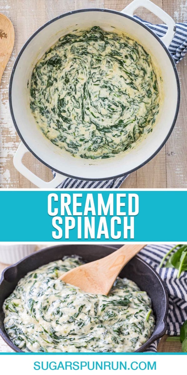 collage of creamed spinach, top image of it in dutch oven, bottom image of it cast iron