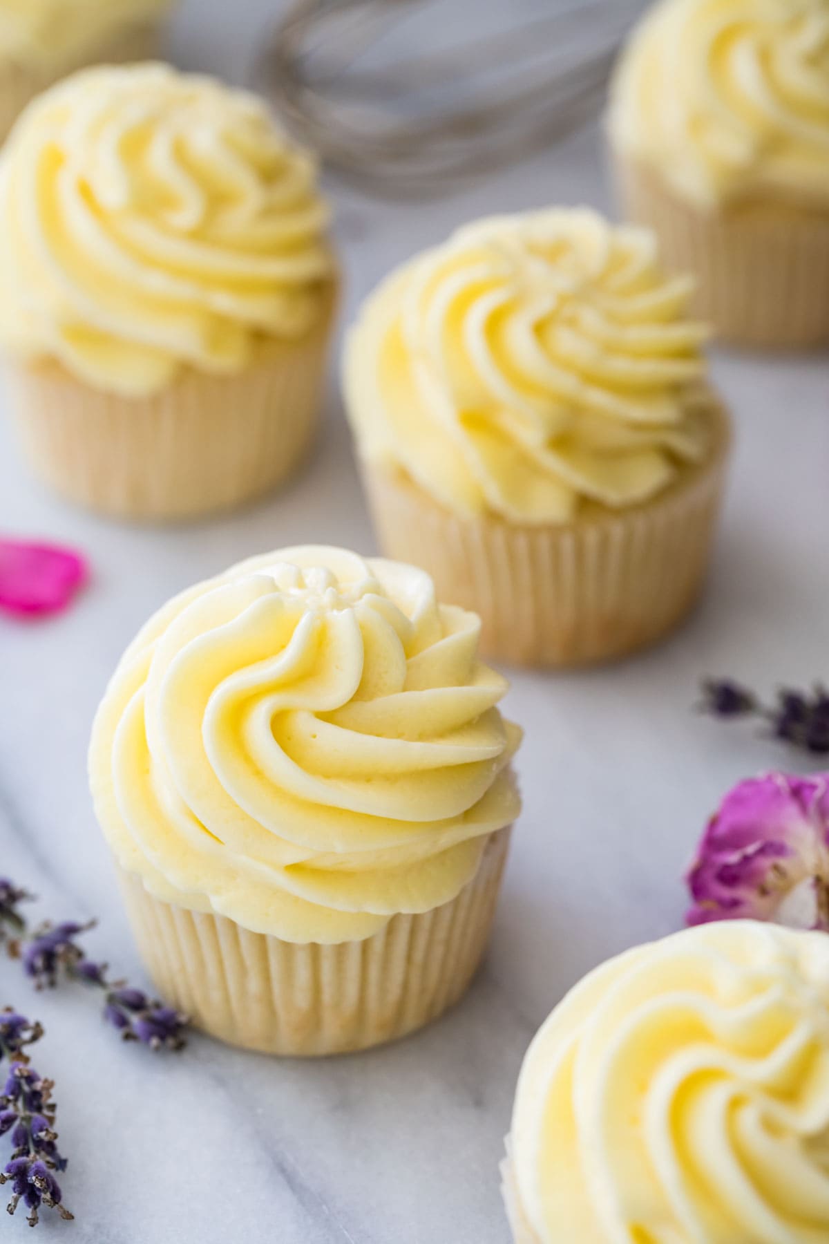 overhead view of cupcakes topped with piped German buttercream