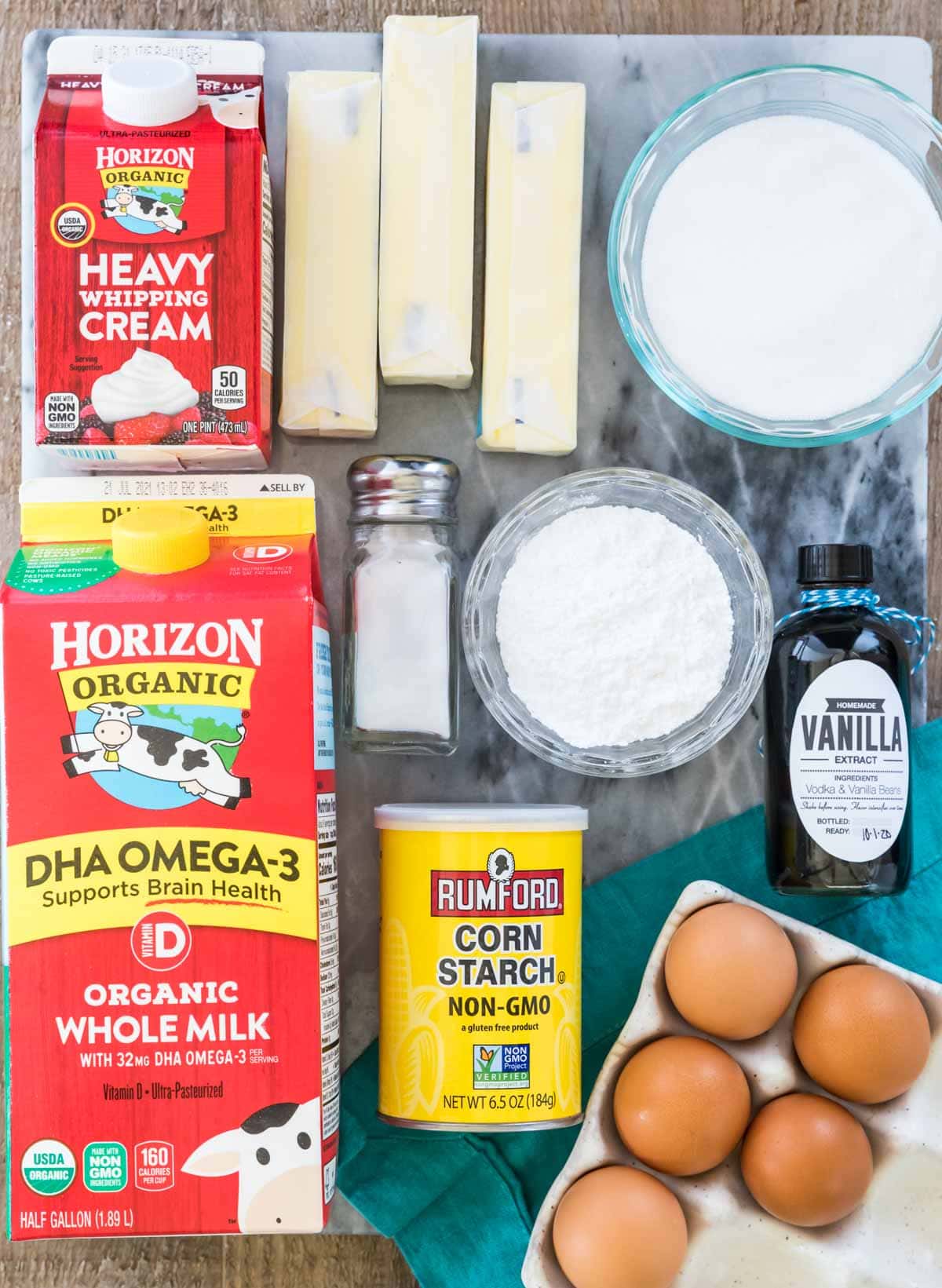 Overhead view of ingredients for making German buttercream