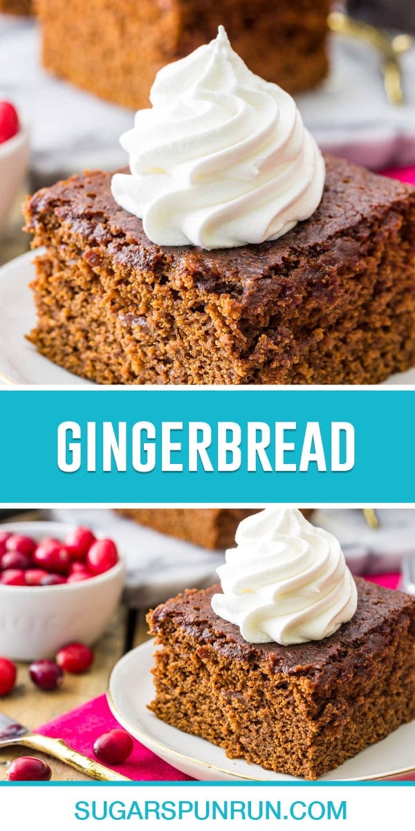 collage of gingerbread, top image close up of cake with whipped cream on top, bottom image of slice on white plate