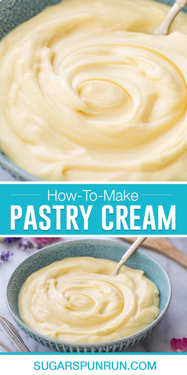 collage of pastry cream, top image of pastry cream close up, bottim image of pastry cream in teal bowl with spoon