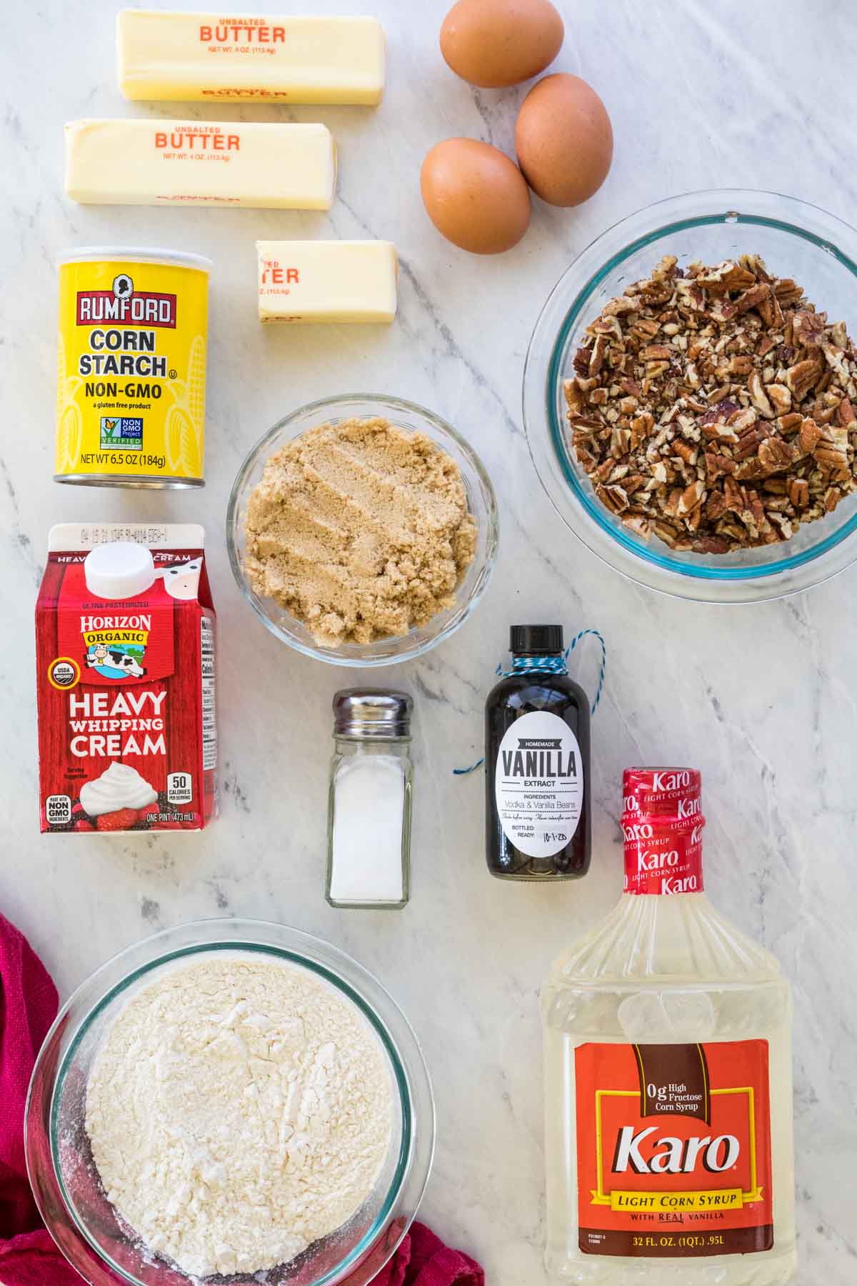 Overhead view of ingredients for pecan pie bars