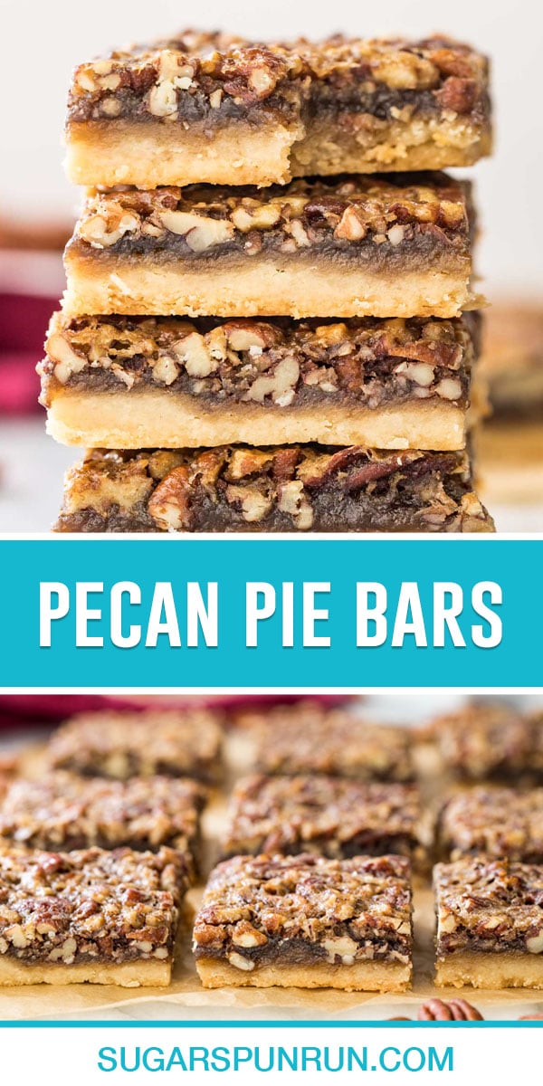 collage of pecan pie bars, top image close up of bars stacked, bottom image of bars laid out of baking sheet cut