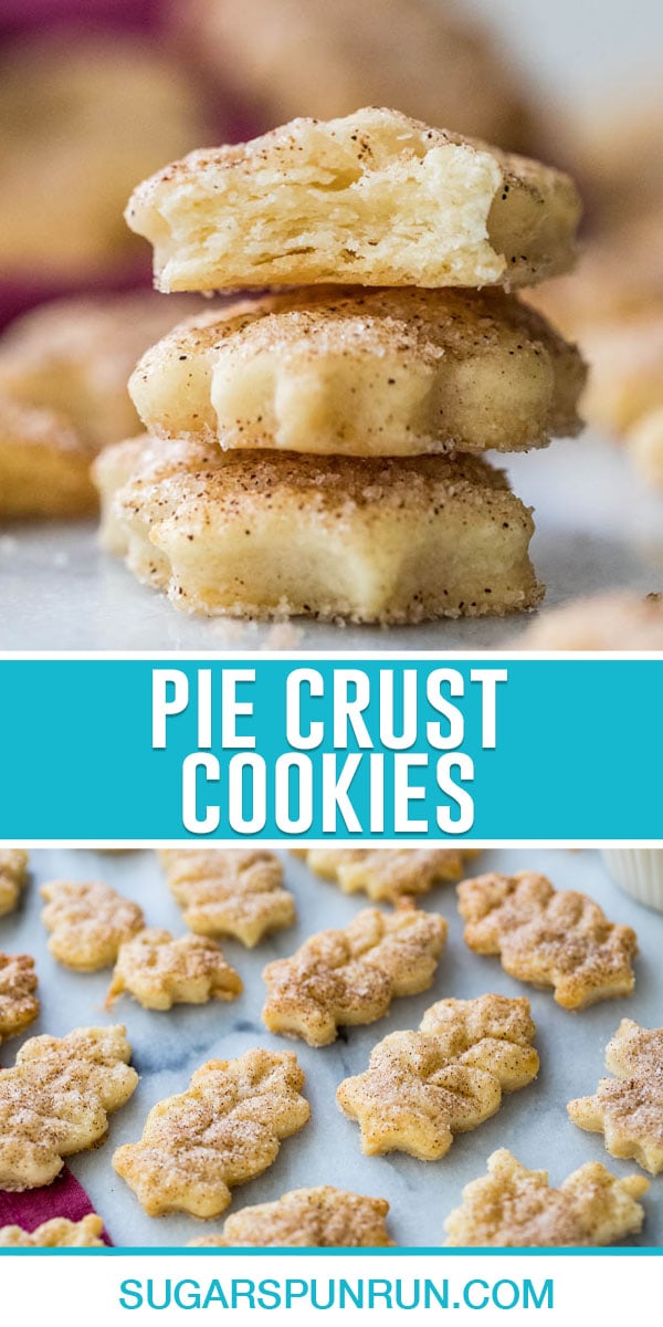 collage of pie crust cookies, top image three cookies stacked, bottom image of them on marble slab spaced out