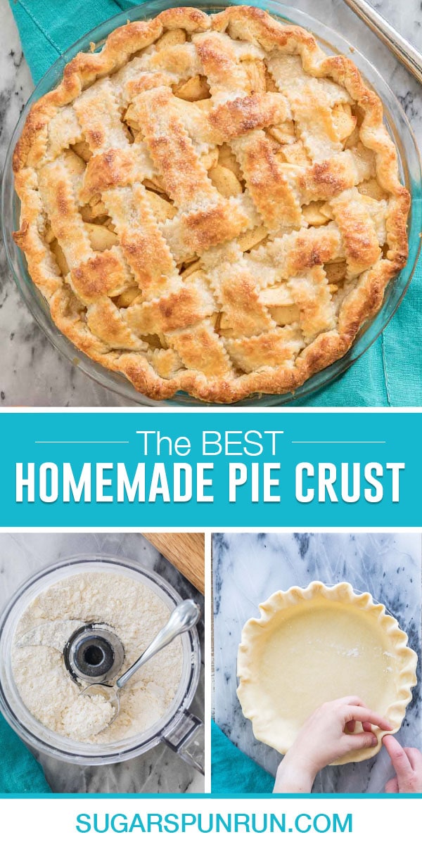 collage of homemade pie crust, top image of baked pie, bottom two images of process of making pie crust