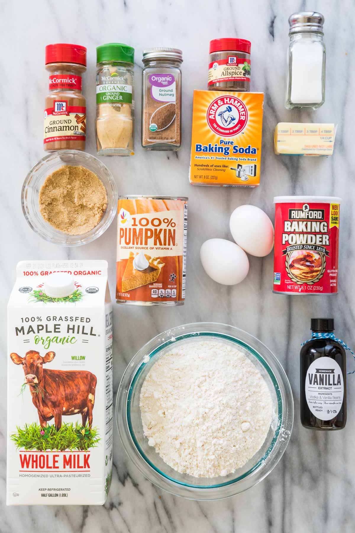 overhead view of ingredients for pumpkin pancakes
