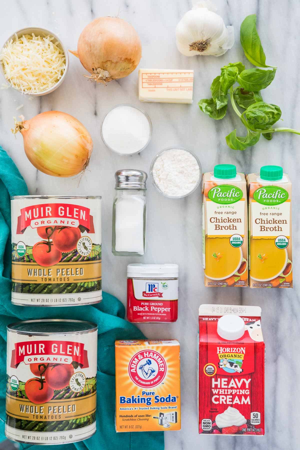 overhead view of ingredients for making tomato soup