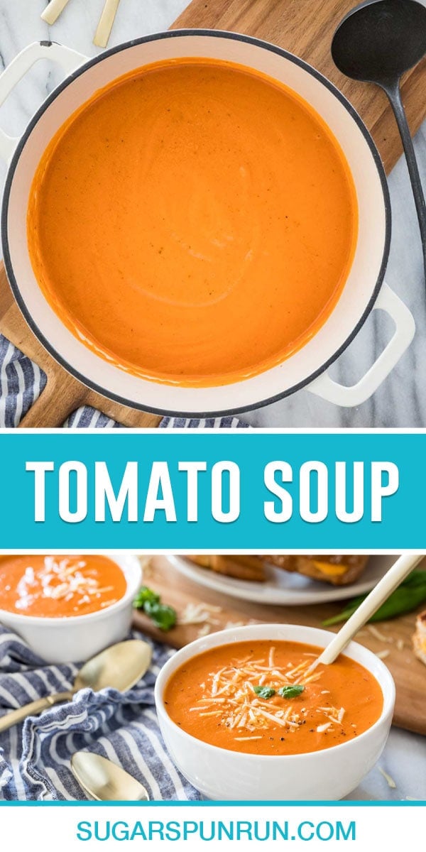collage of tomato soup, top image of soup in dutch oven, bottom image of soup in white bowl with spoon