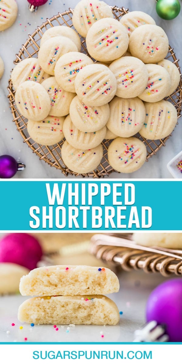 collage of whipped shortbread, top image of birds eye view of cookies on gold wire serving tray, bottom image of close up one cut in half