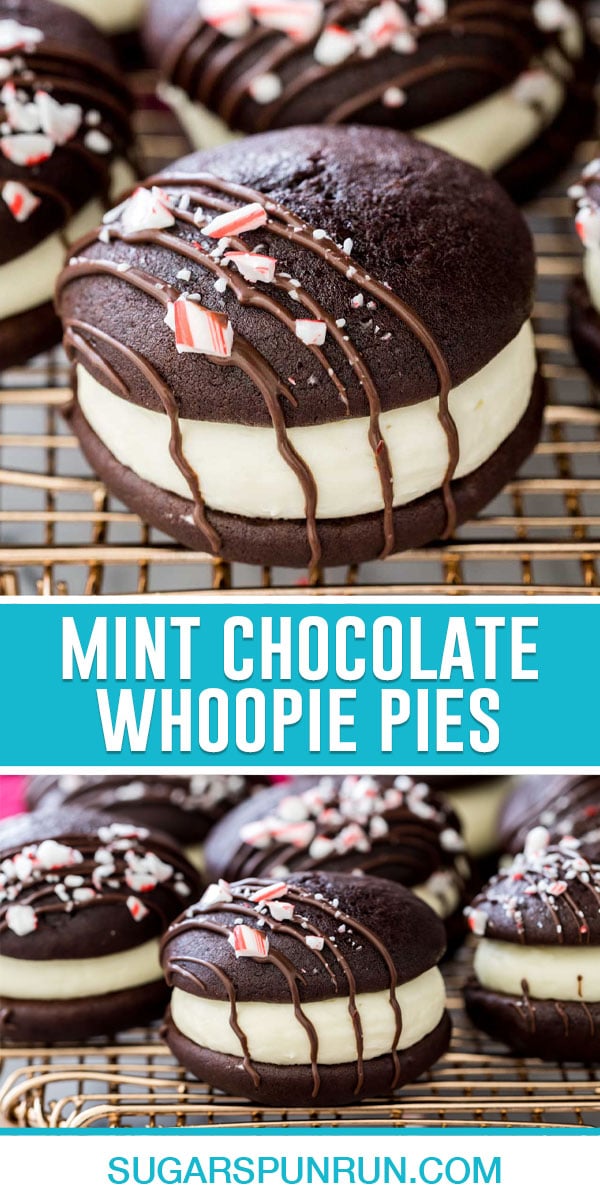 collage of mint chocolate whoopie pies, top image is a close up of one single whoopie pie, bottom image of multiple of gold wire rack