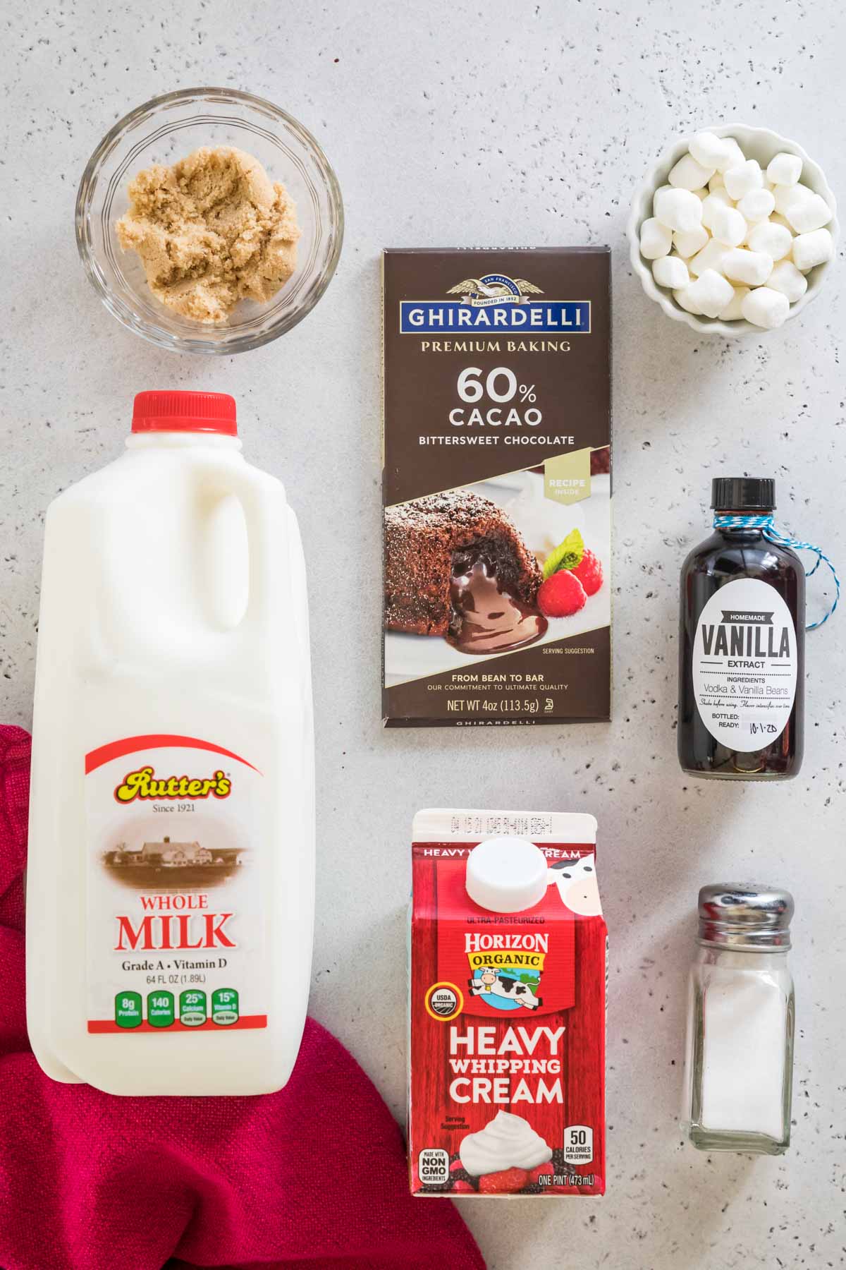 Top-down view of ingredients for hot chocolate