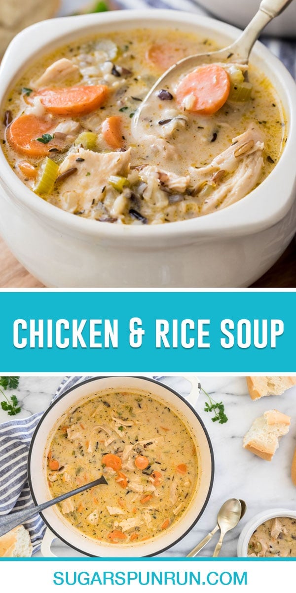 collage of chicken rice soup, top image is of a close-up of soup in white bowl with spoon, bottom image of birds eye view of soup in pot