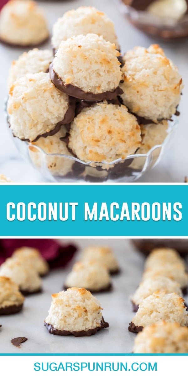 collage of coconut macaroons, top image of them stacked in clear dish, bottom image of them on sheet