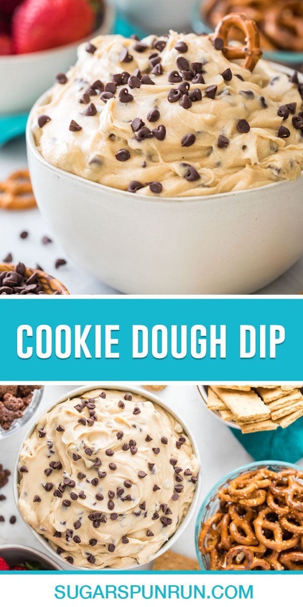 collage of cookie dough dip, top image is a close-up in white bowl, bottom image is a birds eye view of dip in bowl