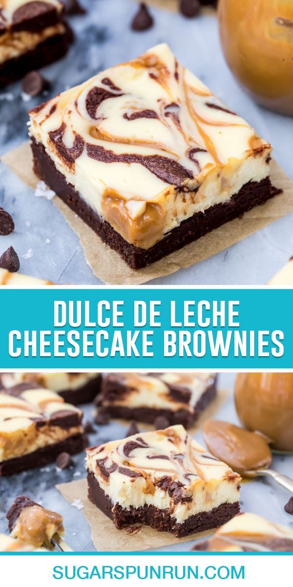 collage of dulce de leche cheesecake brownies, top image is a close up of a bar, bottom image is a bar missing bite