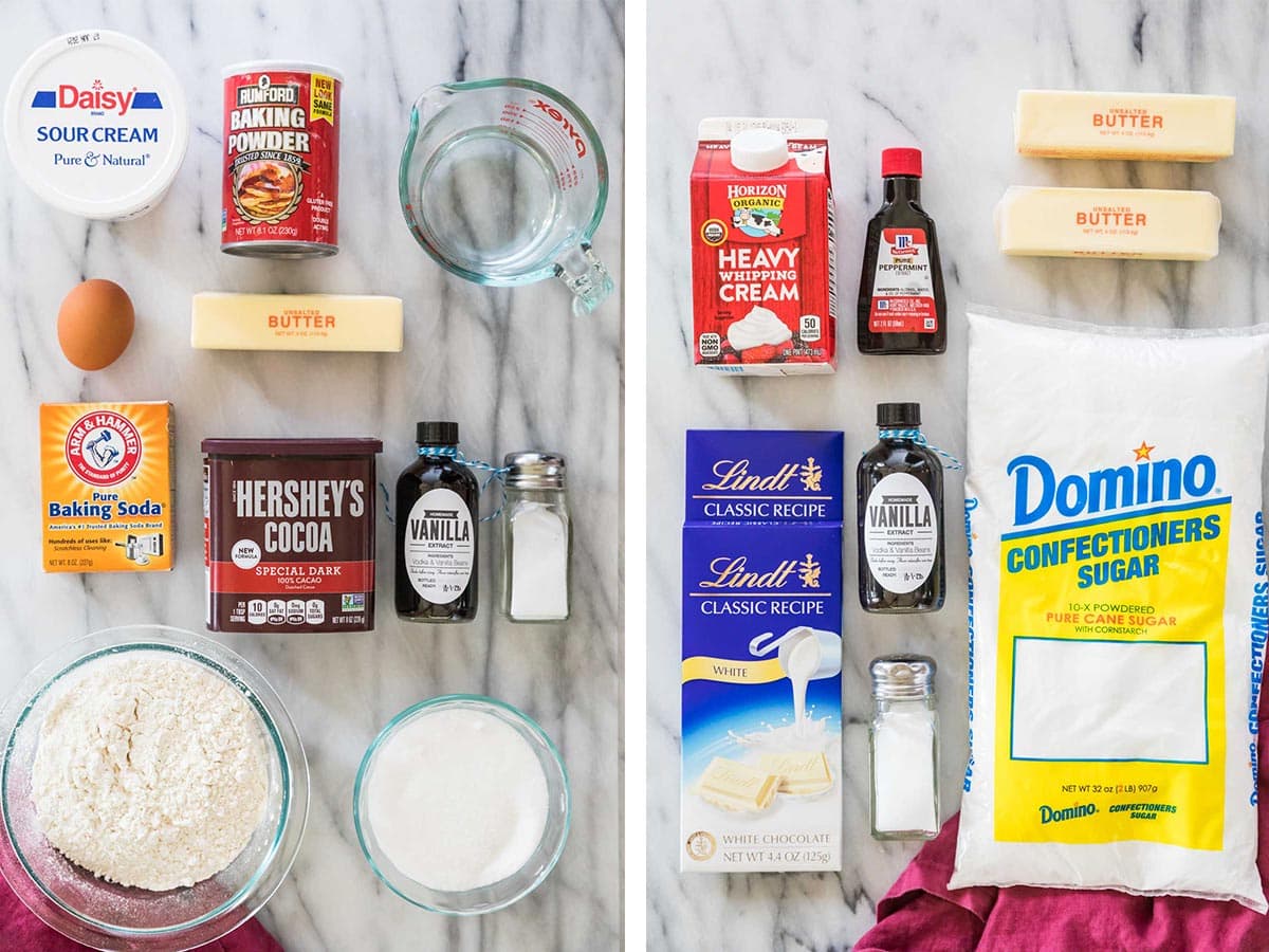 collage of two photos showing ingredients for peppermint bark whoopie pies