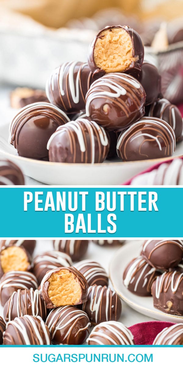 collage of peanut butter balls, top image of them stacked in bowl with a bite taken out of one, bottom image of them spread out