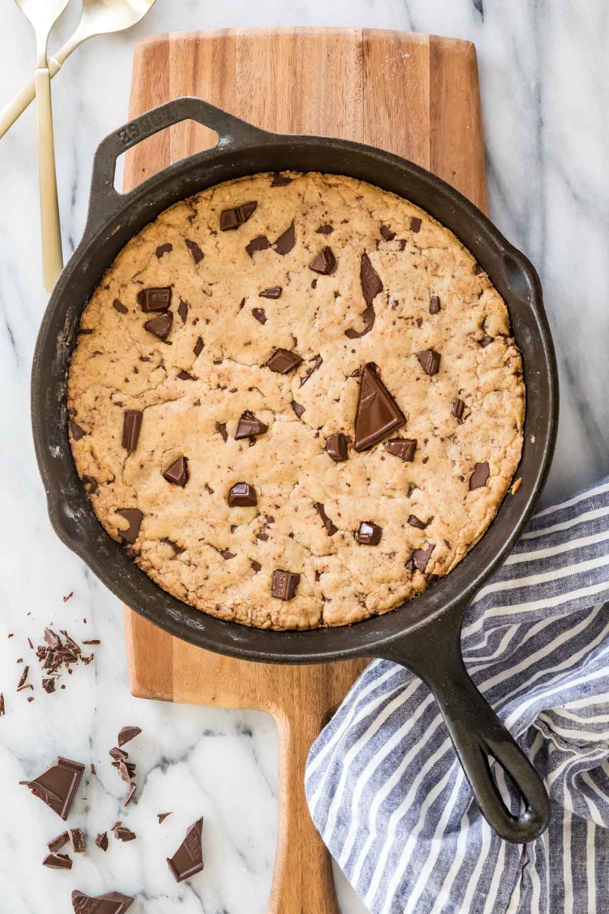 overhead view of pizookie in a cast iron skillet