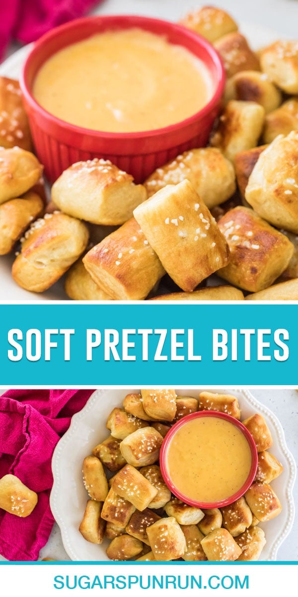 collage of soft pretzel bites, two images of bites taken at side view and from above