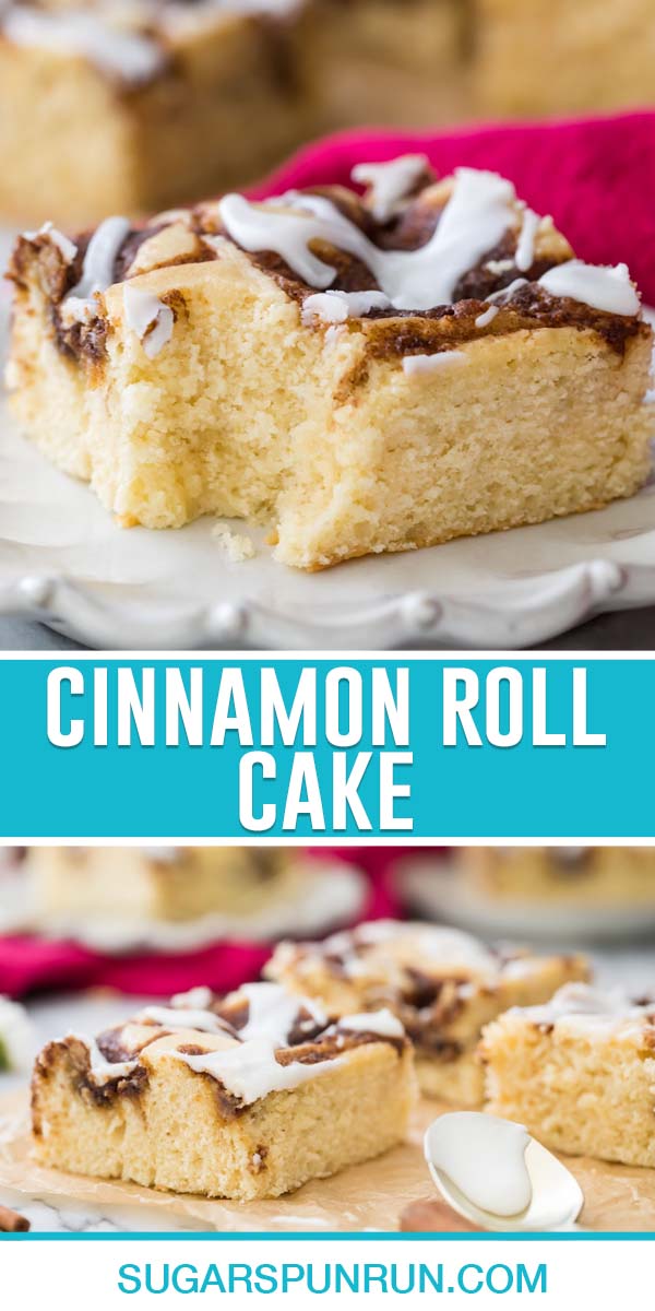 collage of cinnamon roll cake, top image of single slice with bite taken out, bottom image of few slices