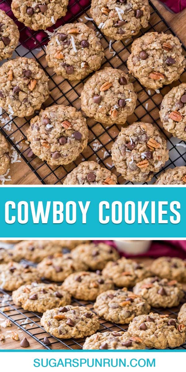 collage of cowboy cookies, top image of birds eye view of cookies on cooling rack, bottom image of side angel of cookies