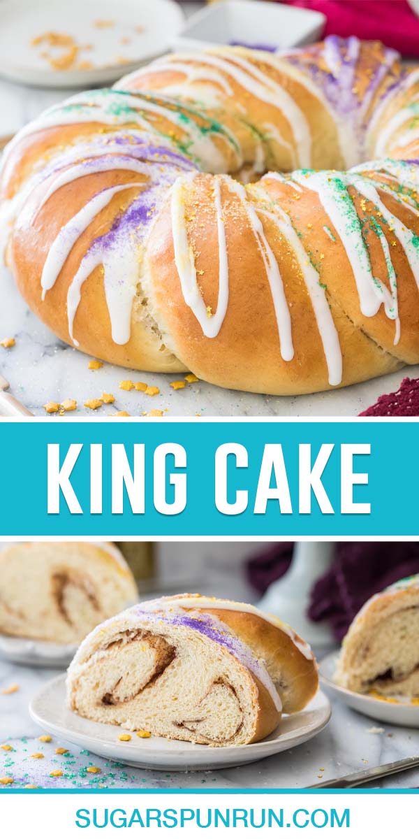 collage of king cake, top image of full king cake, bottom image of a single slice on white plate