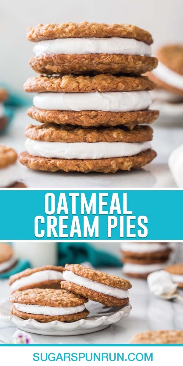 collage of homemade oatmeal cream pies, top image of three sandwiched cookies stacked, bottom image of them on white plate