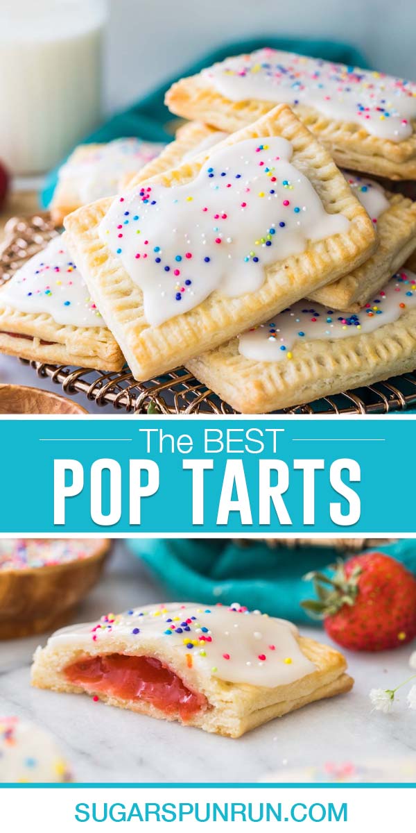 collage of pop tarts, top image of pop tarts stacked with sprinkles, bottom image of pop tat cut open showing jelly center