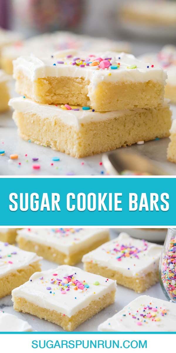 collage of sugar cookie bars, top image of two bars stacked, bottom image of bars on marble slab