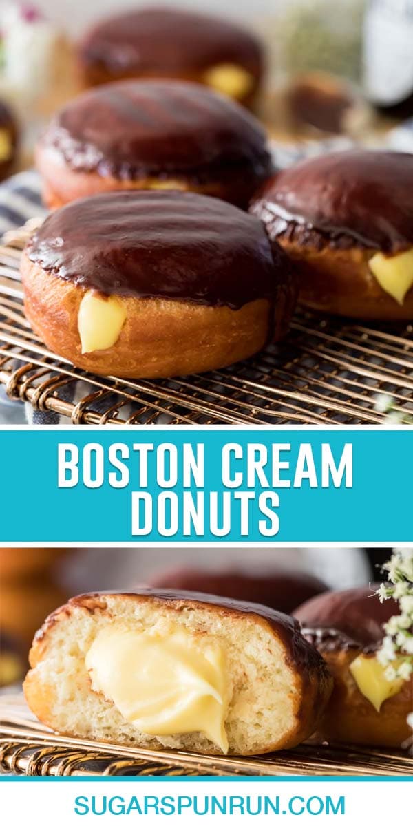 collage of boston cream donuts, top image of three donuts on old platter, bottom image close up of cream inside donut