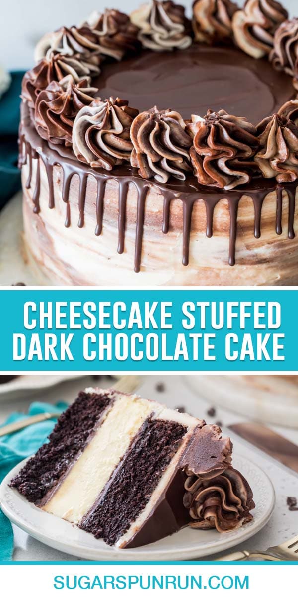 collage of cheesecake stuffed dark chocolate cake, top image close up of full cake with chocolate drop, bottom image of single slice of cake laid on it's side