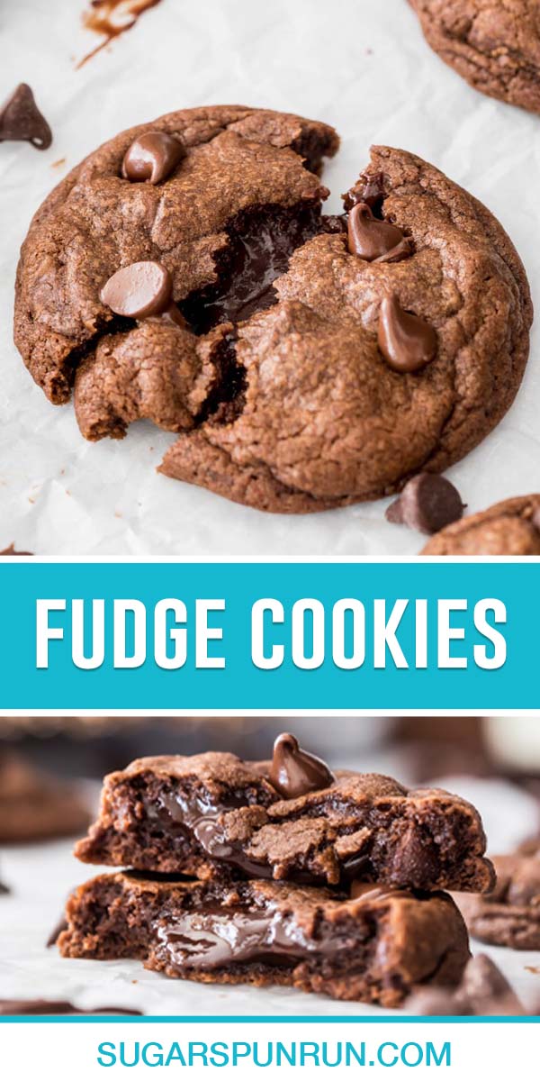 collage of fudge cookies, top image of warm cookie torn apart, bottom image of broken cookie stacked