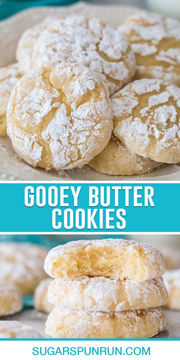collage of butter cookies, top image of plate full of cookies, bottom image of three cookies stacked
