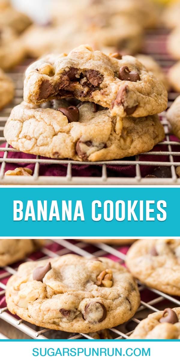 collage of banana cookies, top image of two cookies stacked with bite taken out, bottom image of cookies on cooling rack