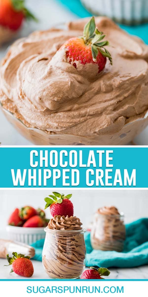 collage of chocolate whipped cream, top image close up of it in bowl with strawberry, bottom image of it in jar