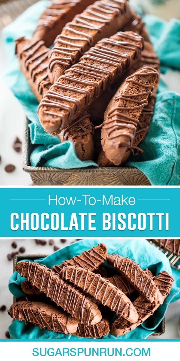 collage of chocolate biscotti, top image of biscotti in basket close up, bottom image further away birds eye view
