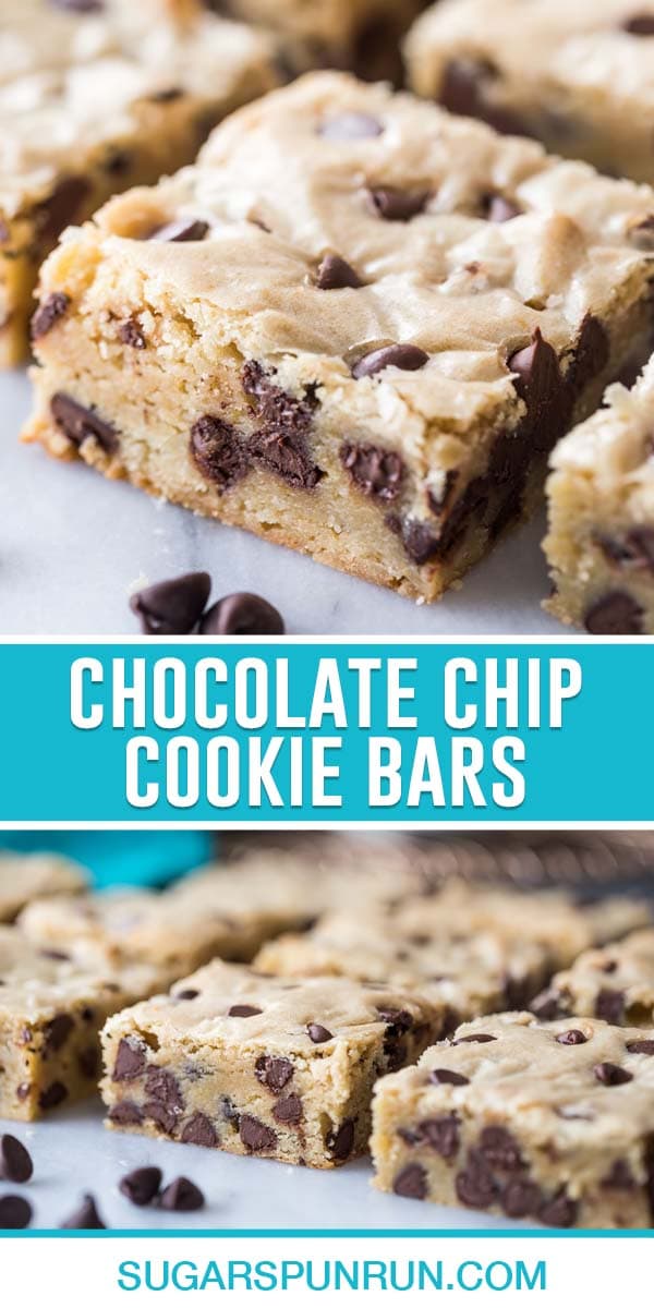 collage of chocolate chip cookie bars, top image of single bar, bottom image of multiple bars
