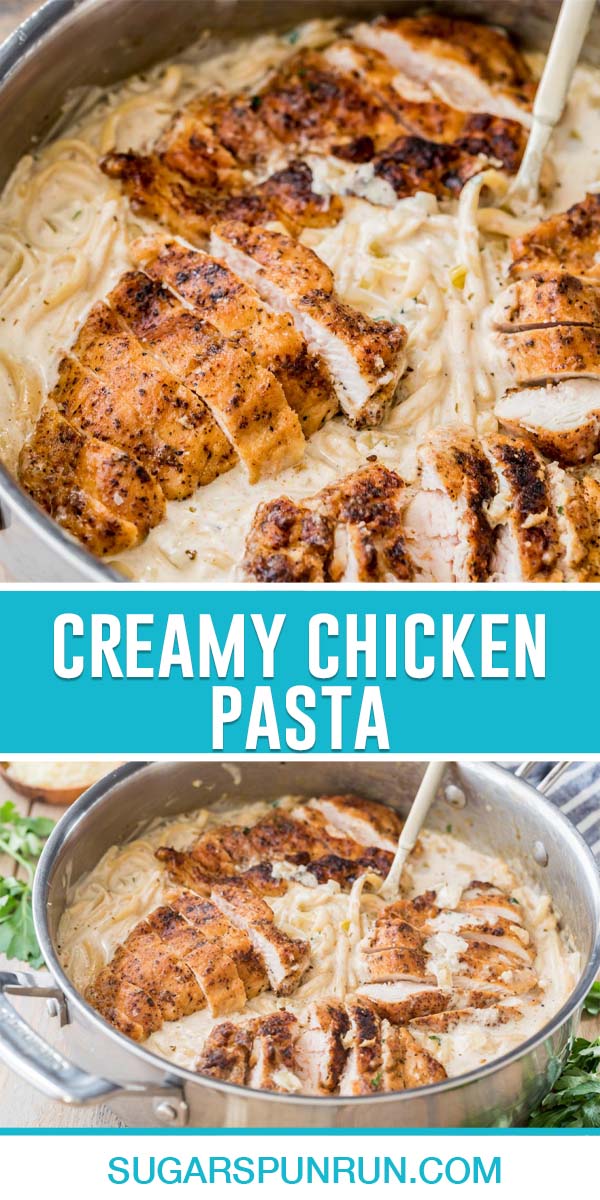collage of creamy chicken pasta, top image of dish in pot close up, bottom image taken further away