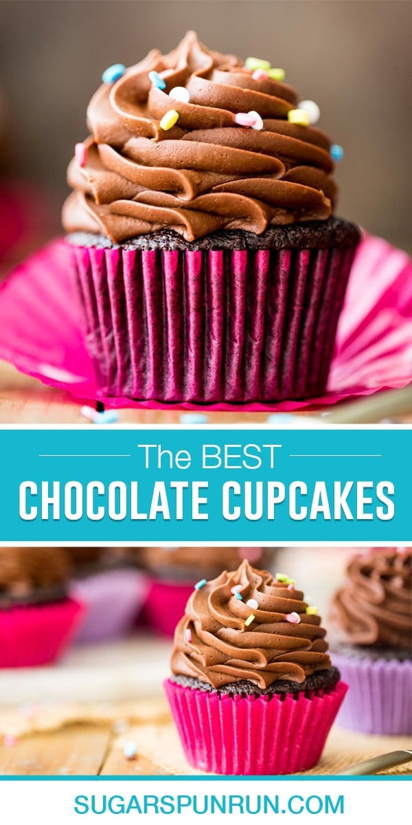 collage of chocolate cupcakes, top image of full cupcake close up, bottom image further away