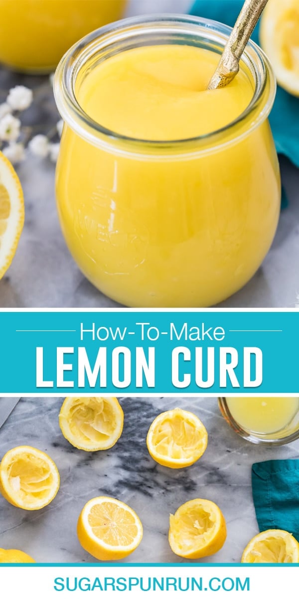 collage of lemon curd, top image of lemon curd in clear jar, bottom image of squeezed lemons and their juice