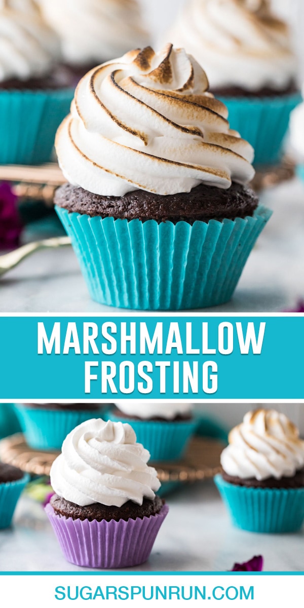 collage of marshmallow frosting, top image of single chocolate cupcake with marshmallow frosting toasted, bottom image of multiple cupcakes spread out one toasted, one not toasted
