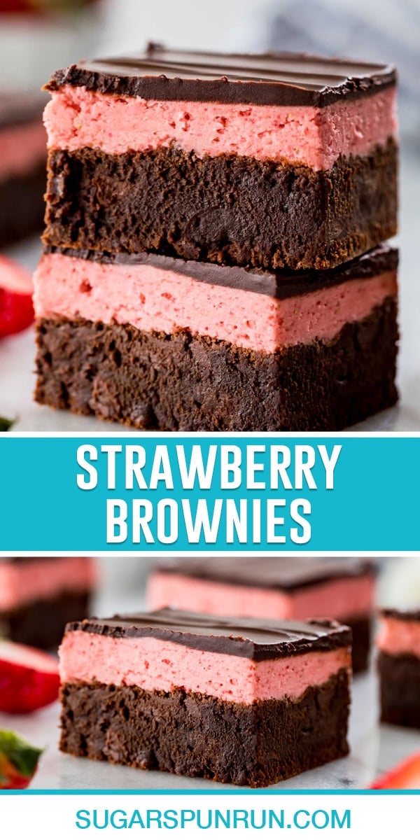 collage of strawberry brownies, top image on two brownies stacked close up, bottom image of multiple spread out