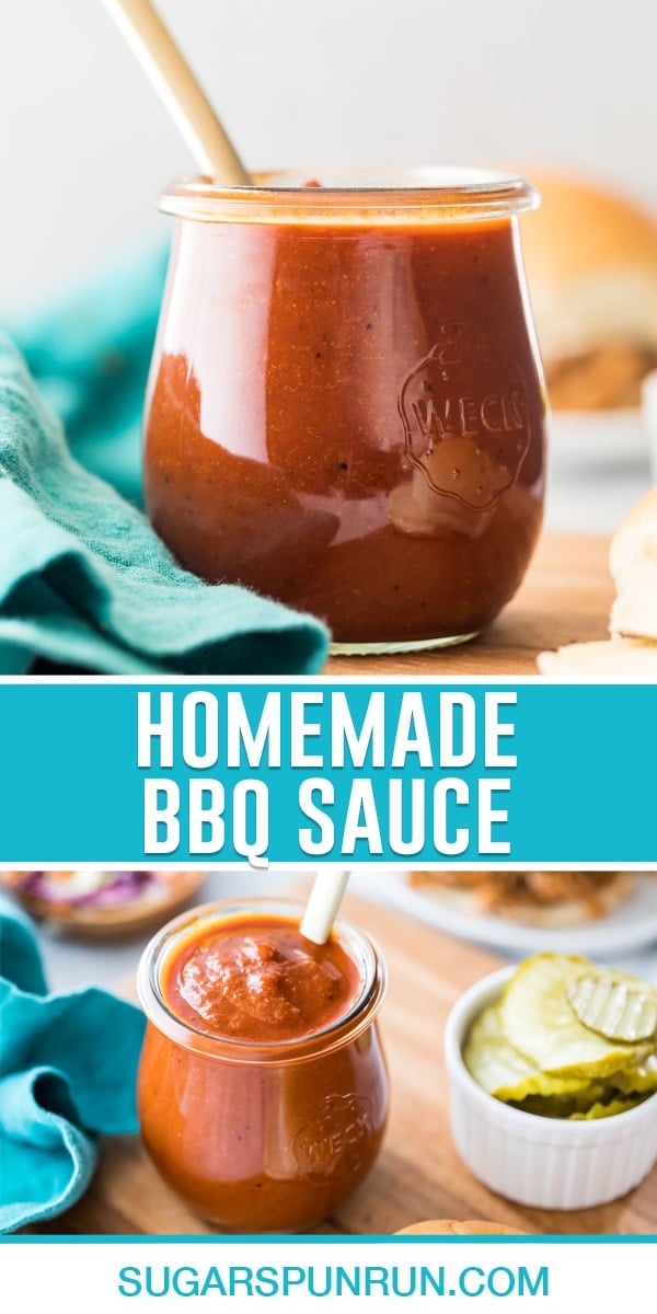 collage of homemade bbq sauce, top image of single jar close up of bbq sauce, bottom image taken from above