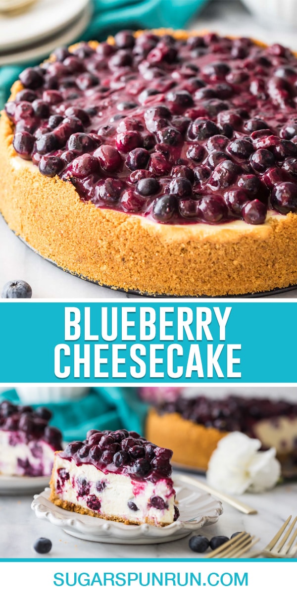 collage of blueberry cheesecake, top image of full cheesecake, bottom image of single slice on white plate