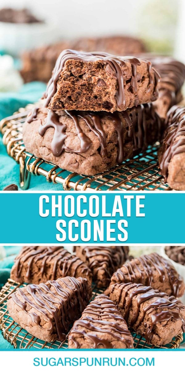 collage of chocolate scones, top image of two stacked top one bite taken, bottom image is of circle of scones sliced