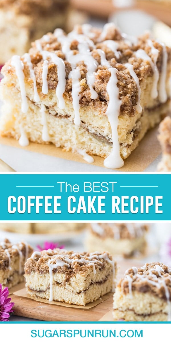collage of coffee cake, top image of single slice close up, bottom image of three slices further away